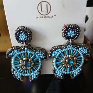 Laura Janelle Beaded Rhinestone Sea Turtle Design Beach Theme Earrings NEW
